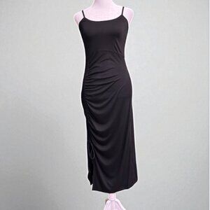 Women’s Black Midi Slip Dress with Side Ruched Drawstring – Size M